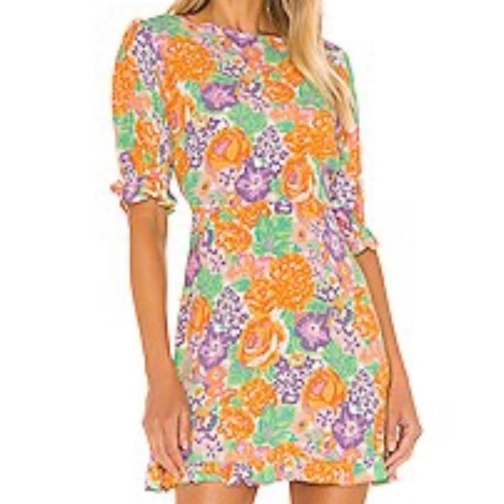 Faithfull the Brand Orange Mini Sundress with 3/4 Puff Sleeves